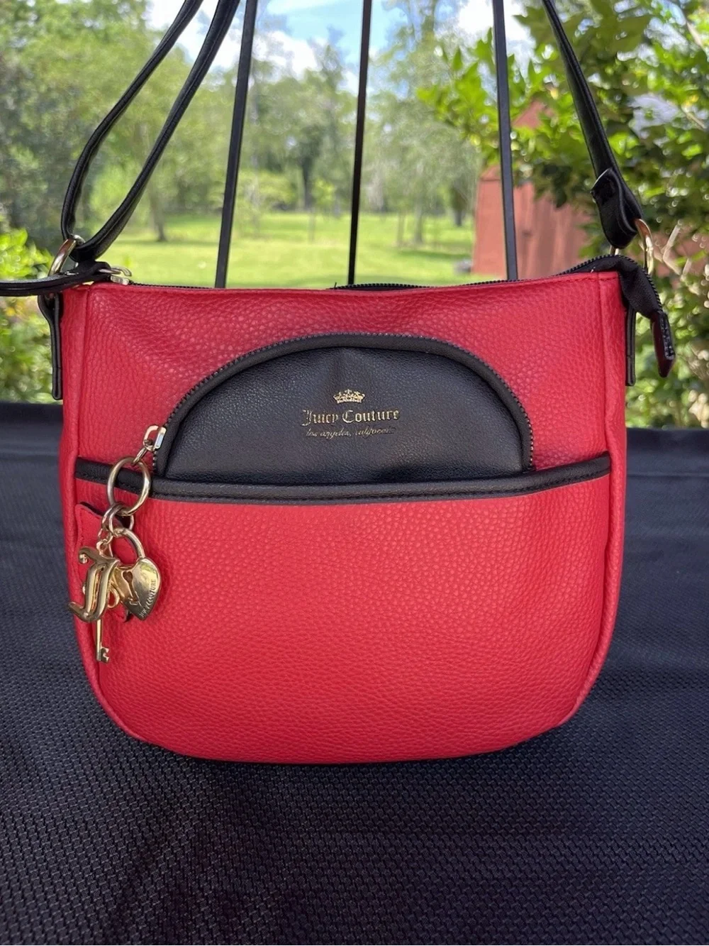 VintageY2K Juicy Couture Red and Black Logo Crossbody with Heart Lock Charm Gold